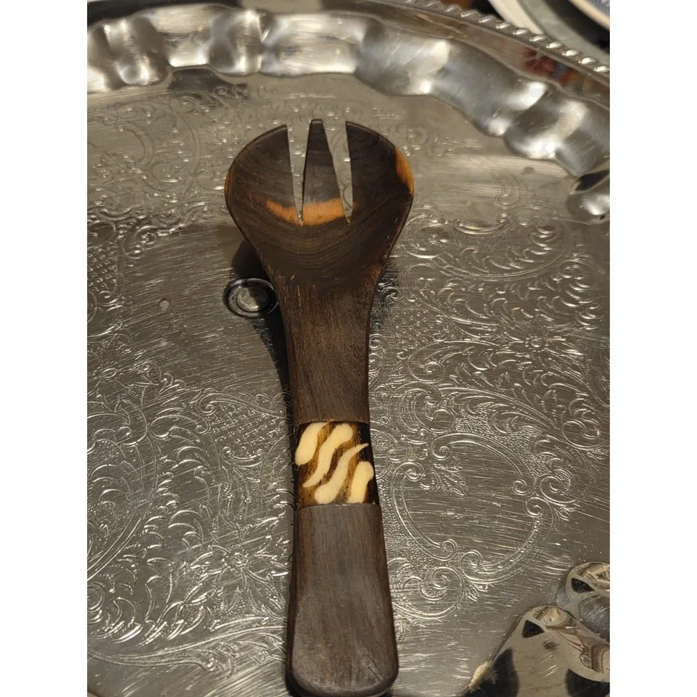 OLIVE WOOD SALAD Fork Black & Cream Bone Inlay